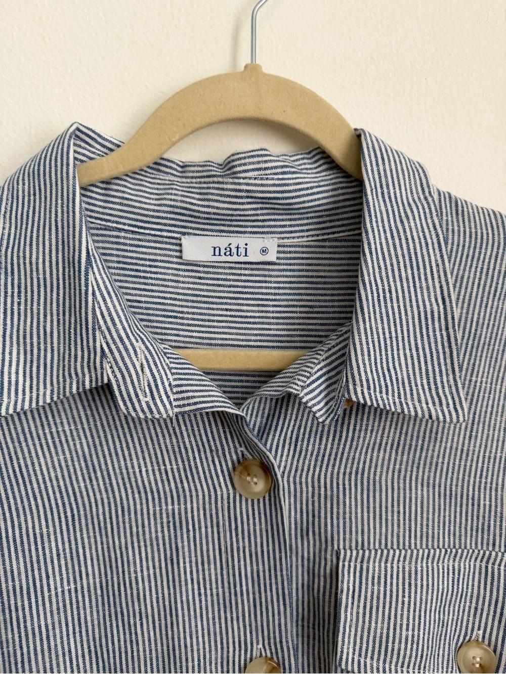Nati Boutique Melony Linen Button Down in Light Blue Atripe